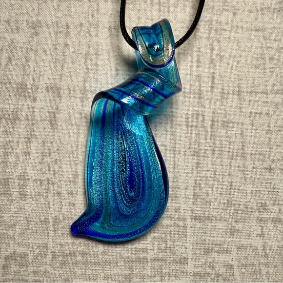 Handmade Lampwork Glass Pendant Necklace: Swirled Blue Ribbon Design 🌊 - Picture 3 of 4